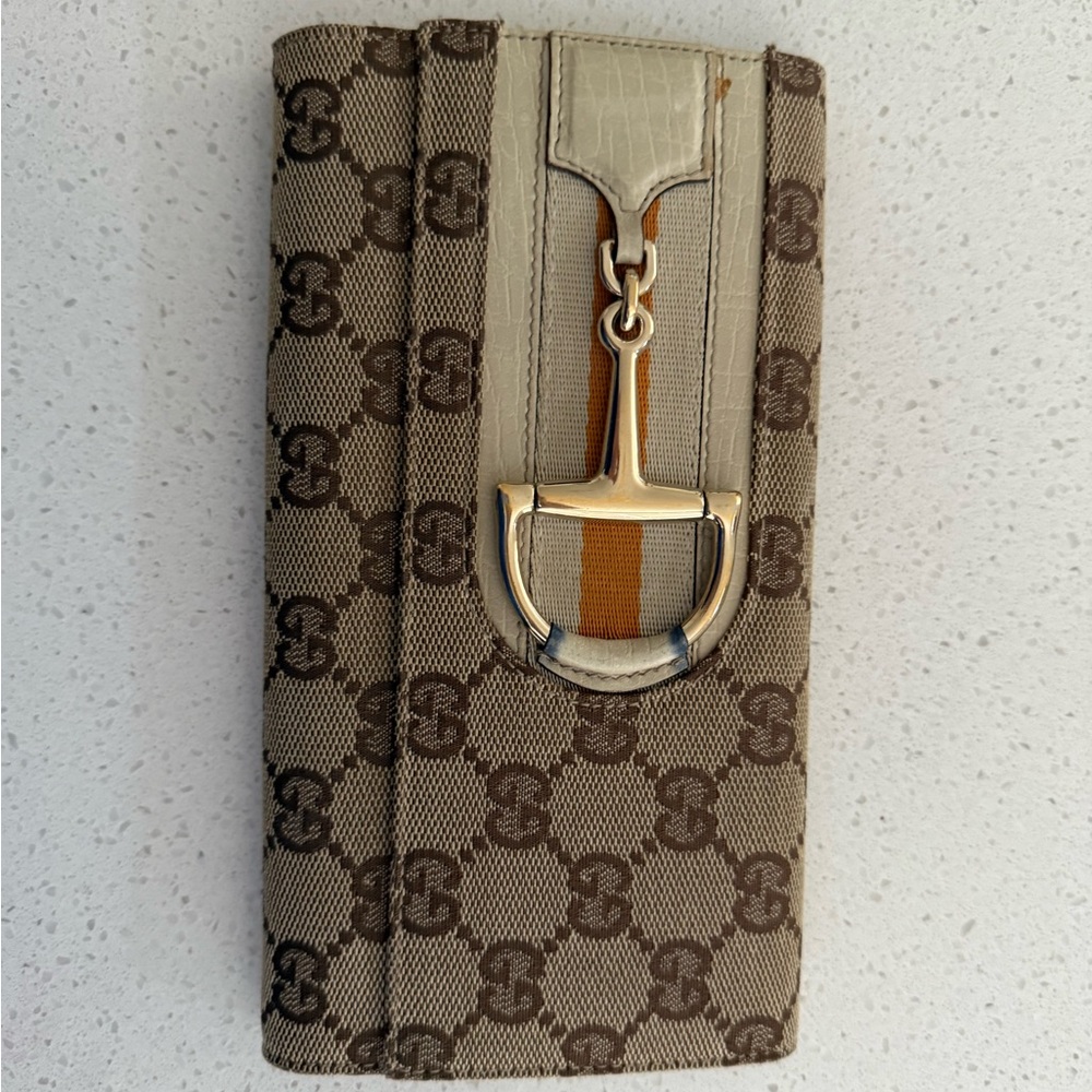 Gucci Beige and Brown Monogram Wallet with Gold Hardware
